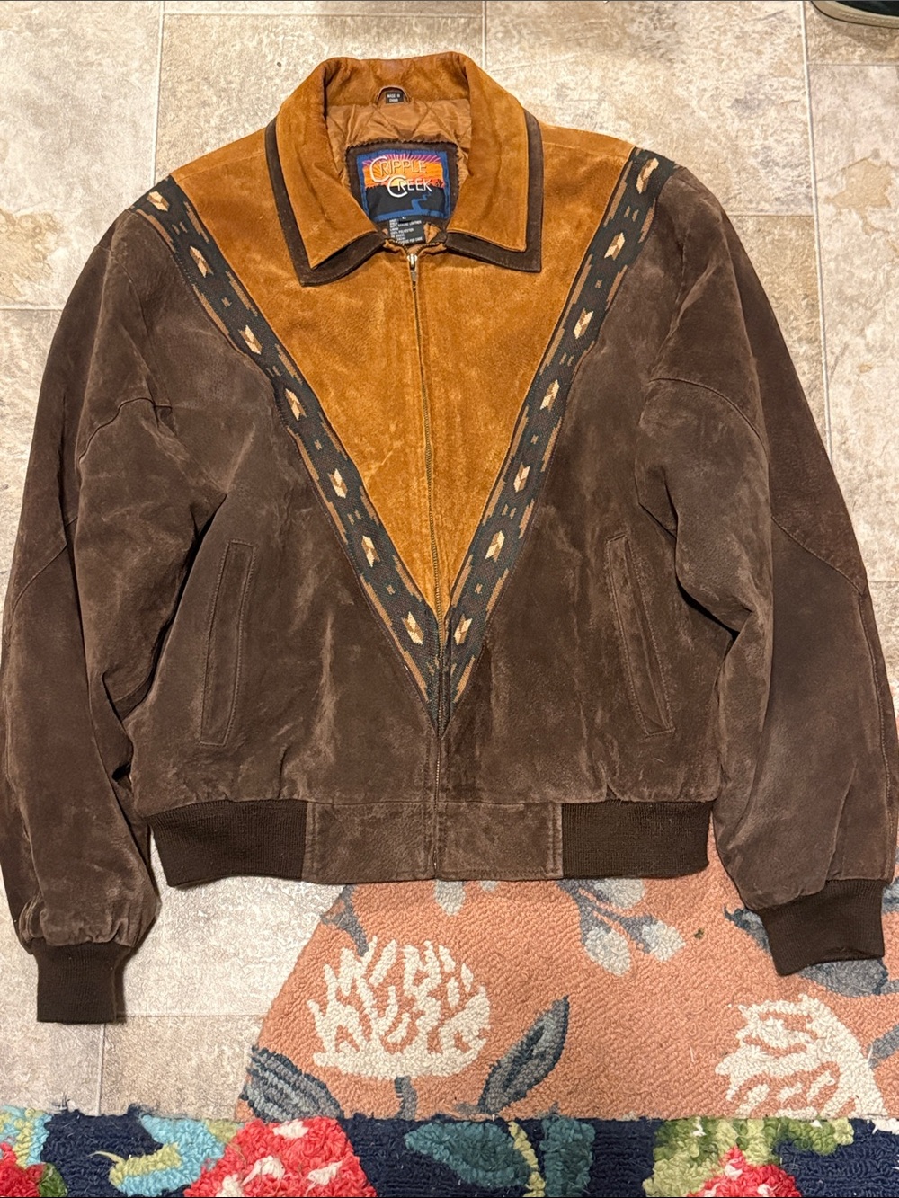 Vintage Cripple Creek Brown Suede Leather Aztec Print Detail Jacket